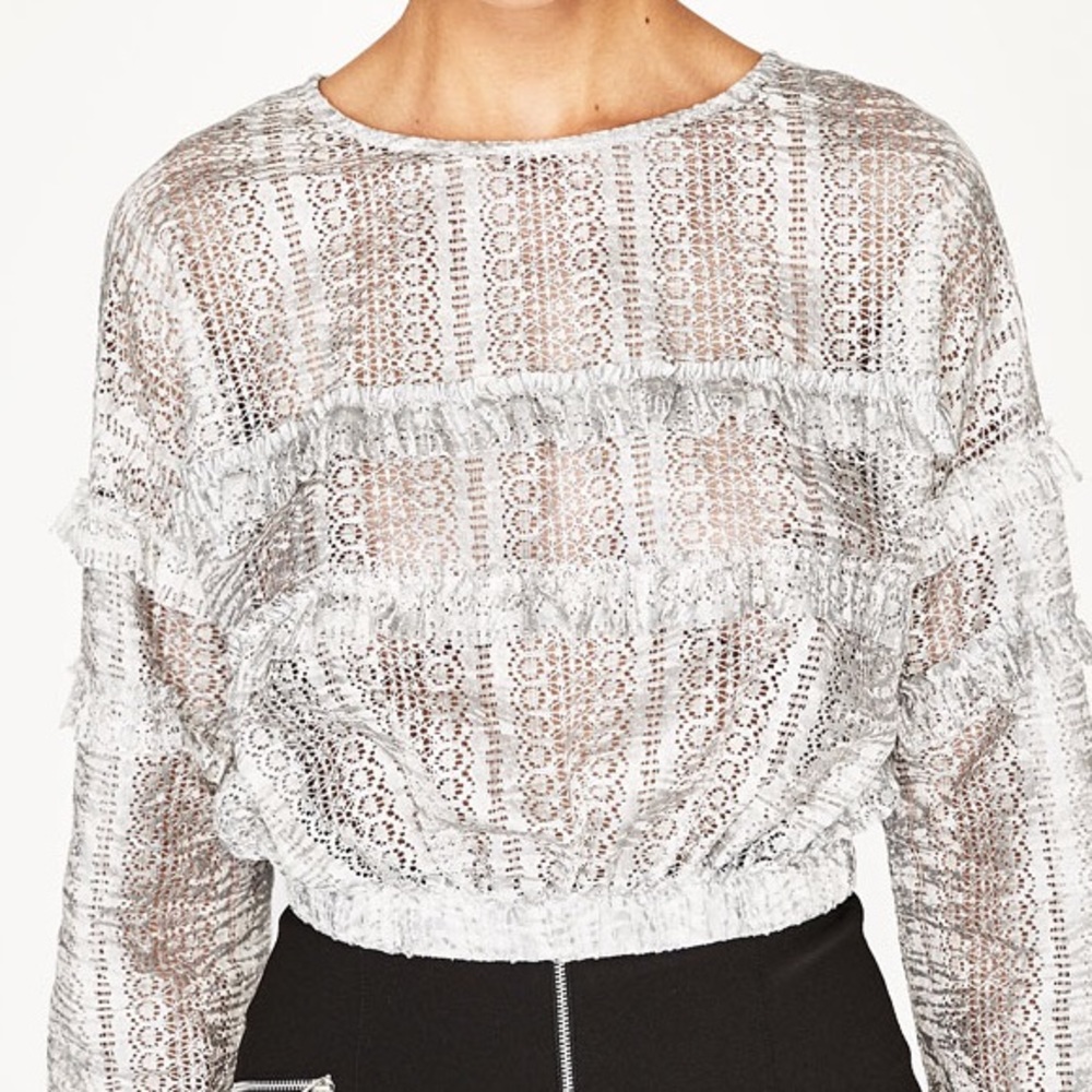 NWT Zara Gray Sheer Lace Crop Top with Frills - Picture 3 of 3